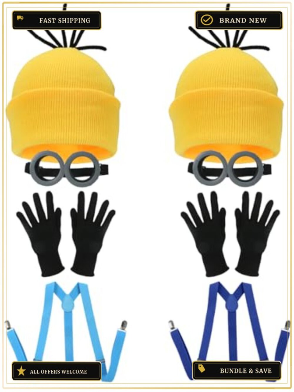 8 Pc Halloween Costume Accessories Set Unisex Beanie Glasses Gloves Suspenders